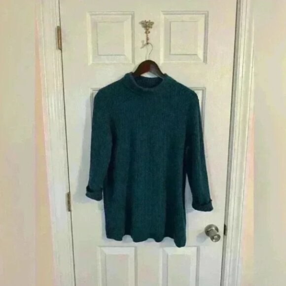 Lands End sweater turtle neck ribbed blue green large petite - Picture 1 of 2